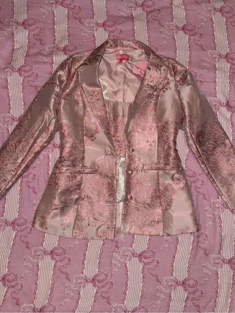 Sugar Thrillz Pink Floral Jacquard Blazer and corset top
